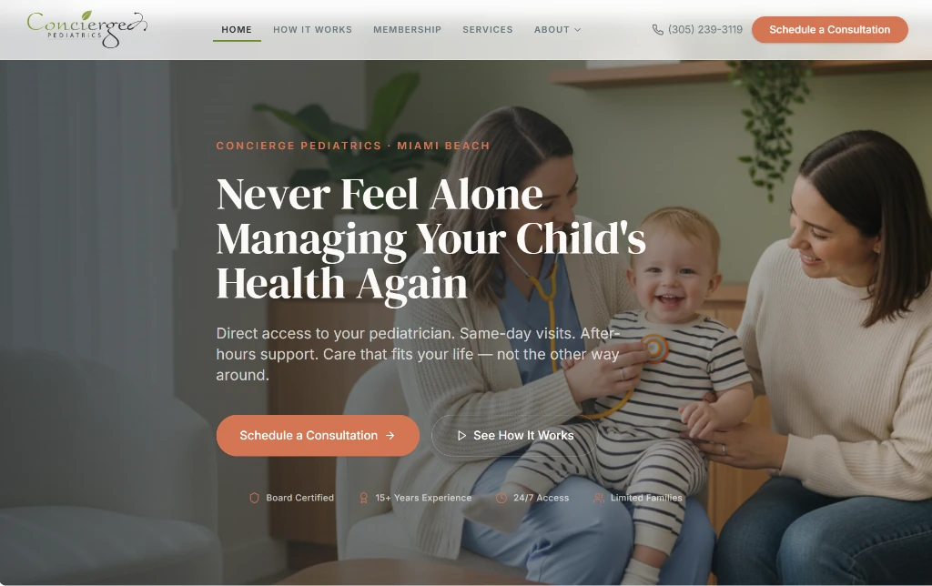 Concierge Pediatrics homepage design